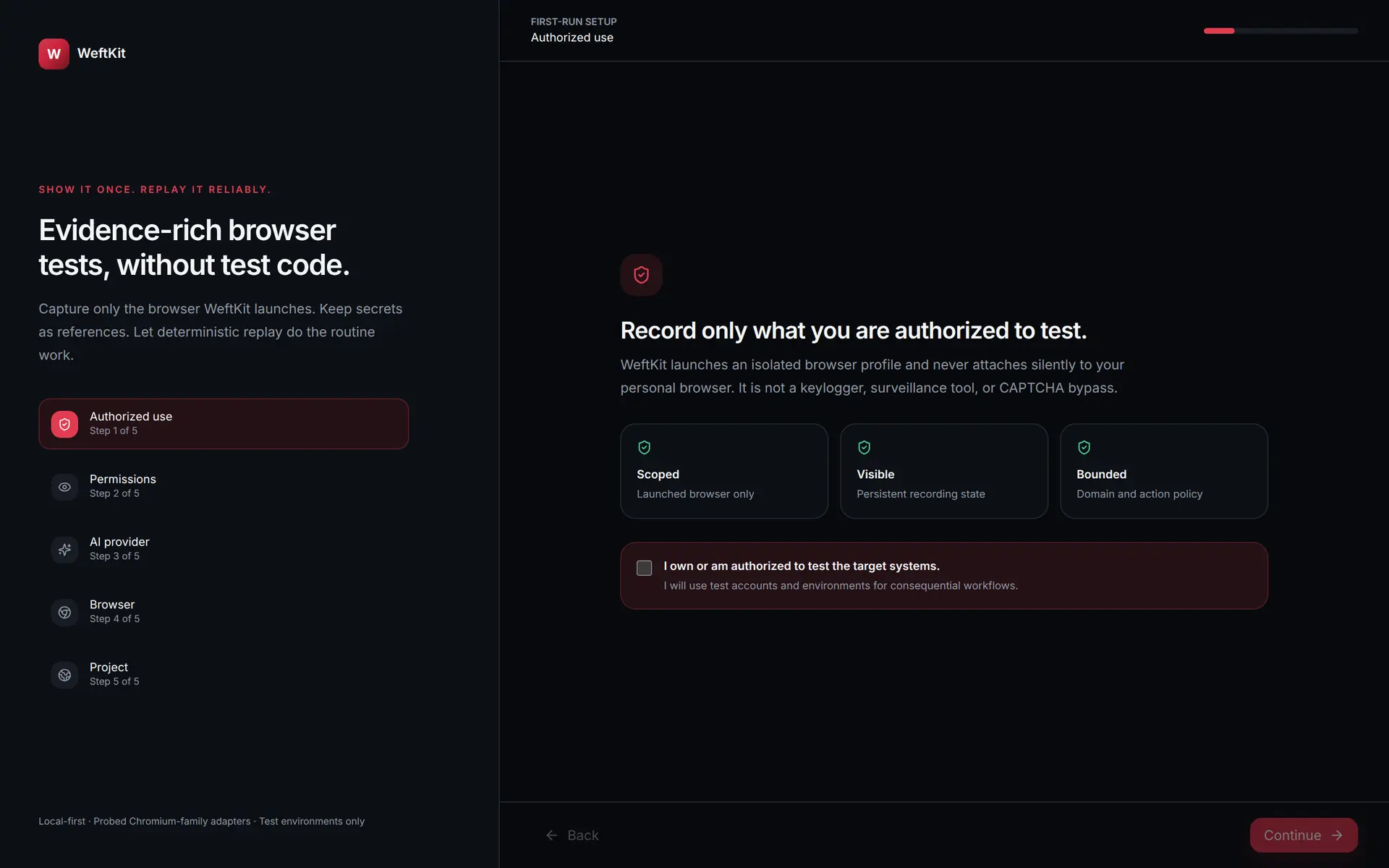 The first WeftKit setup step, asking you to confirm you own or are authorized to test the target systems, with Scoped, Visible and Bounded assurances.