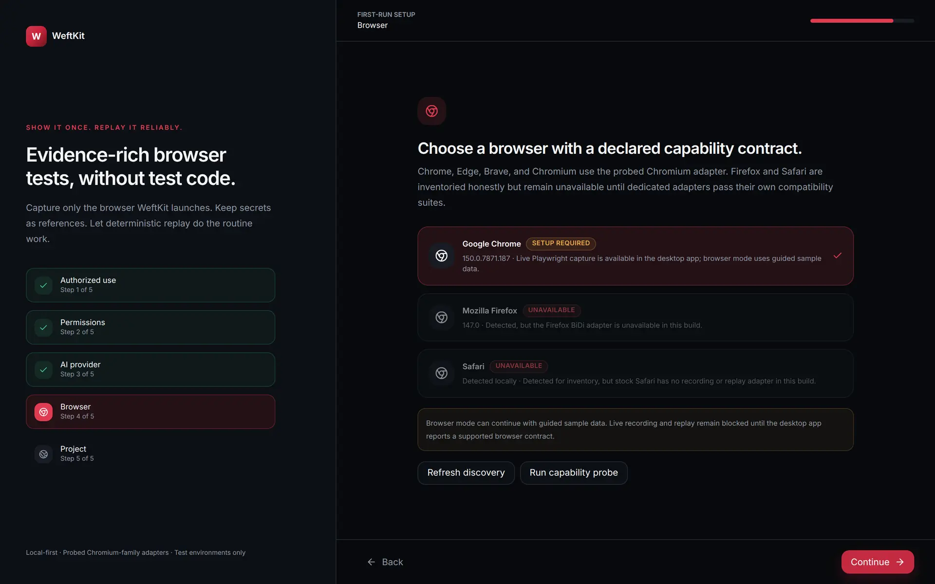 The browser step of WeftKit first-run setup, listing detected browsers with compatibility badges and buttons to refresh discovery or run a capability probe.