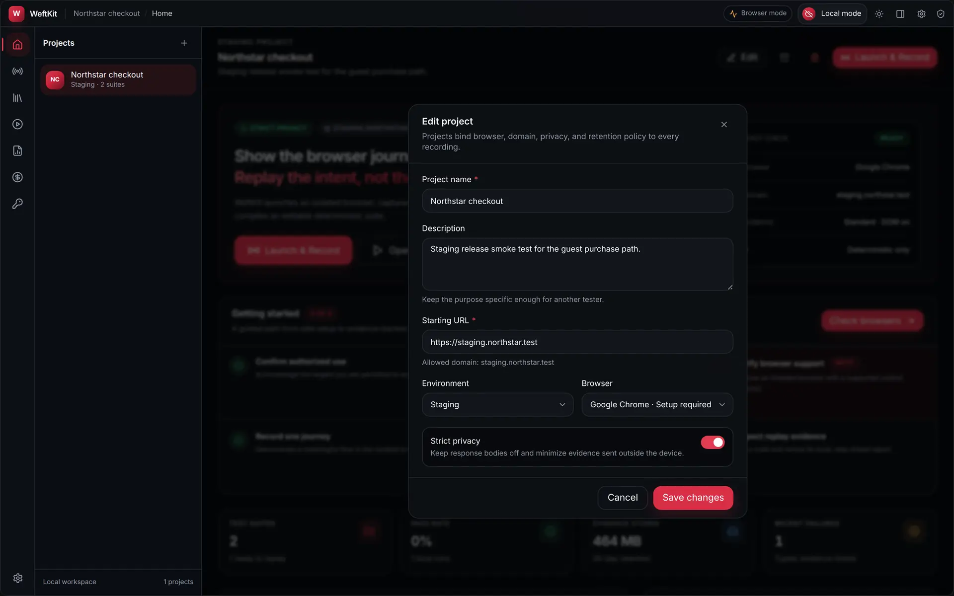 The project settings dialog in WeftKit, showing editable project name, starting URL, environment, browser, and policy fields.
