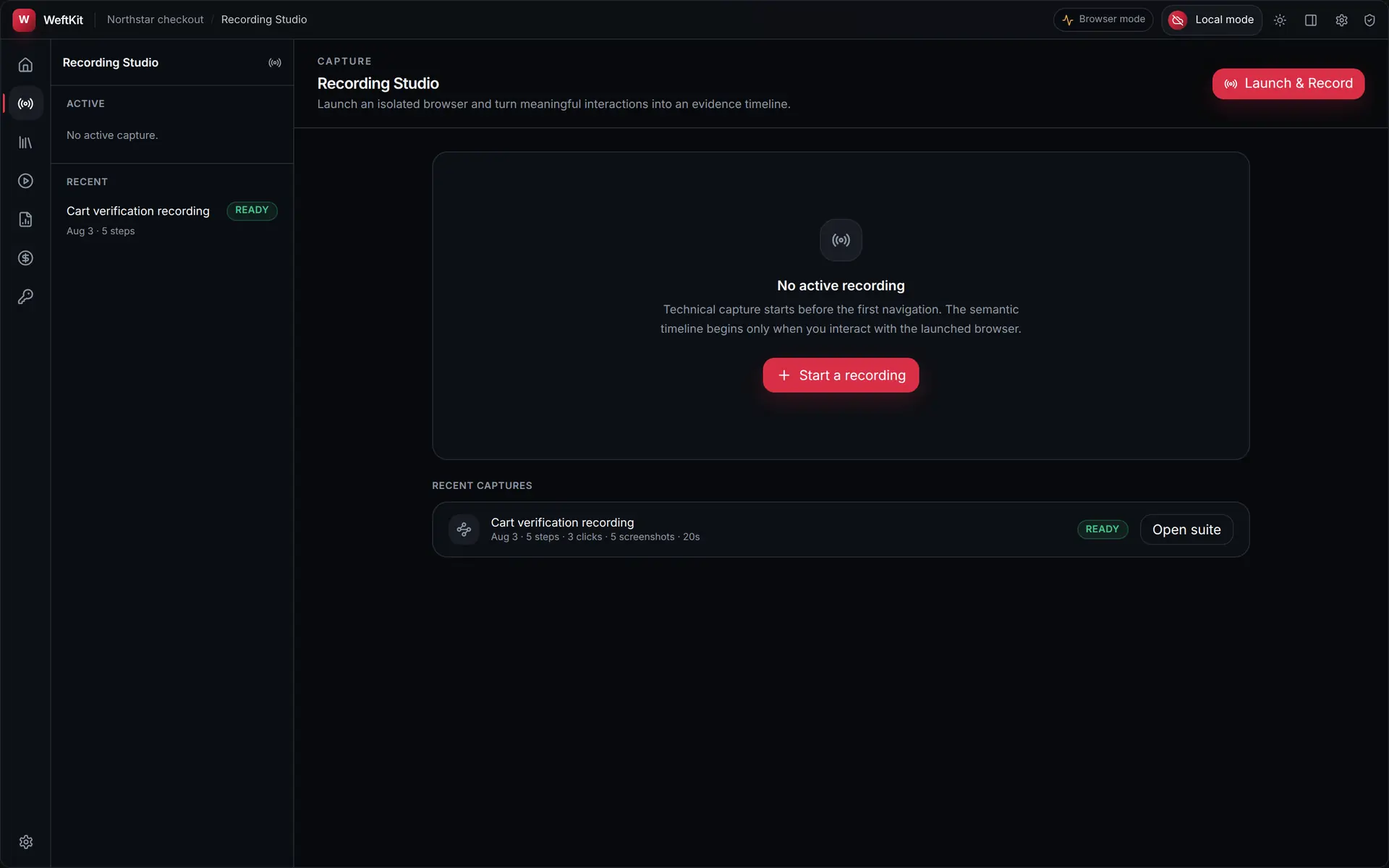 The WeftKit Recording Studio with an empty active-capture state, a Start a recording button, and a list of recent captures showing step, click, screenshot, and duration counts.