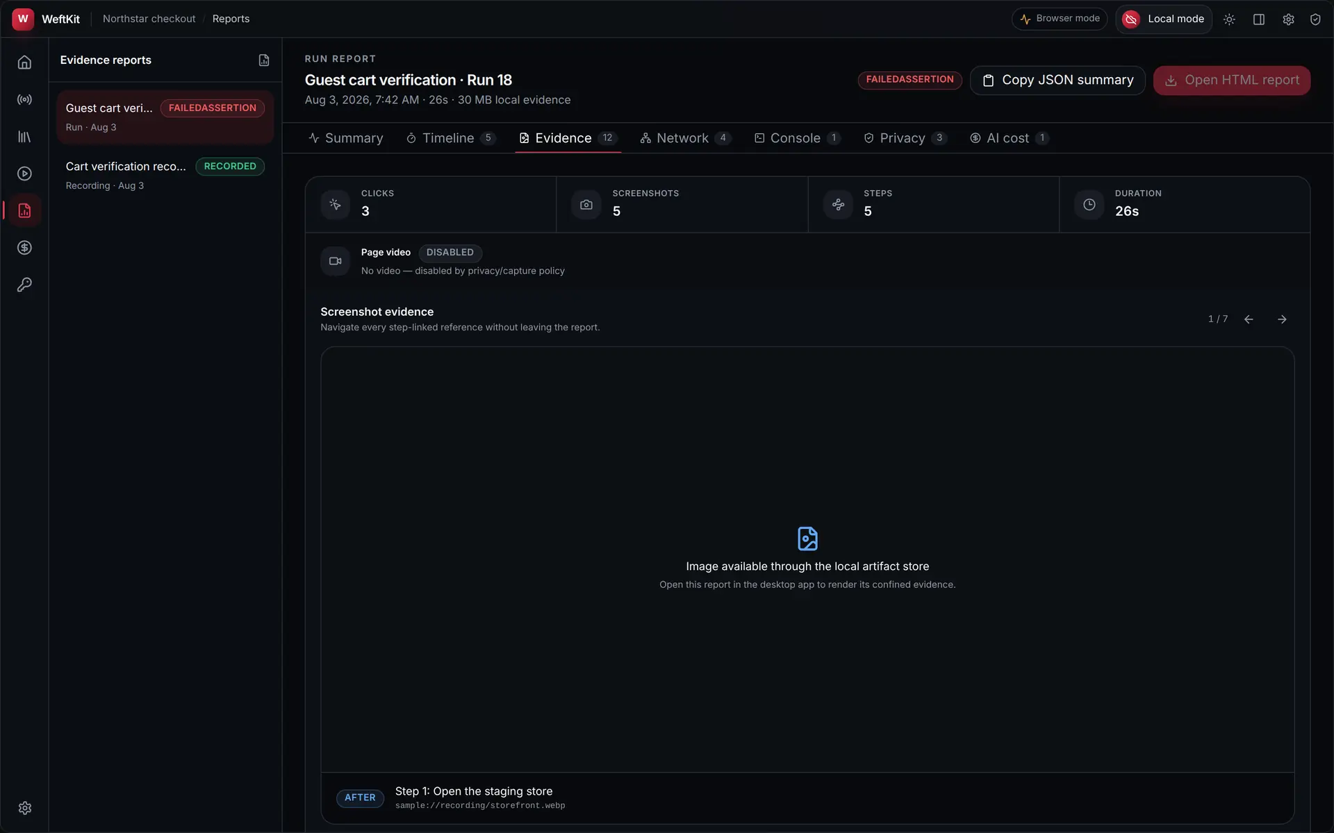 The evidence tab of a WeftKit run report showing click, screenshot and step counts above a gallery of step-linked screenshots.