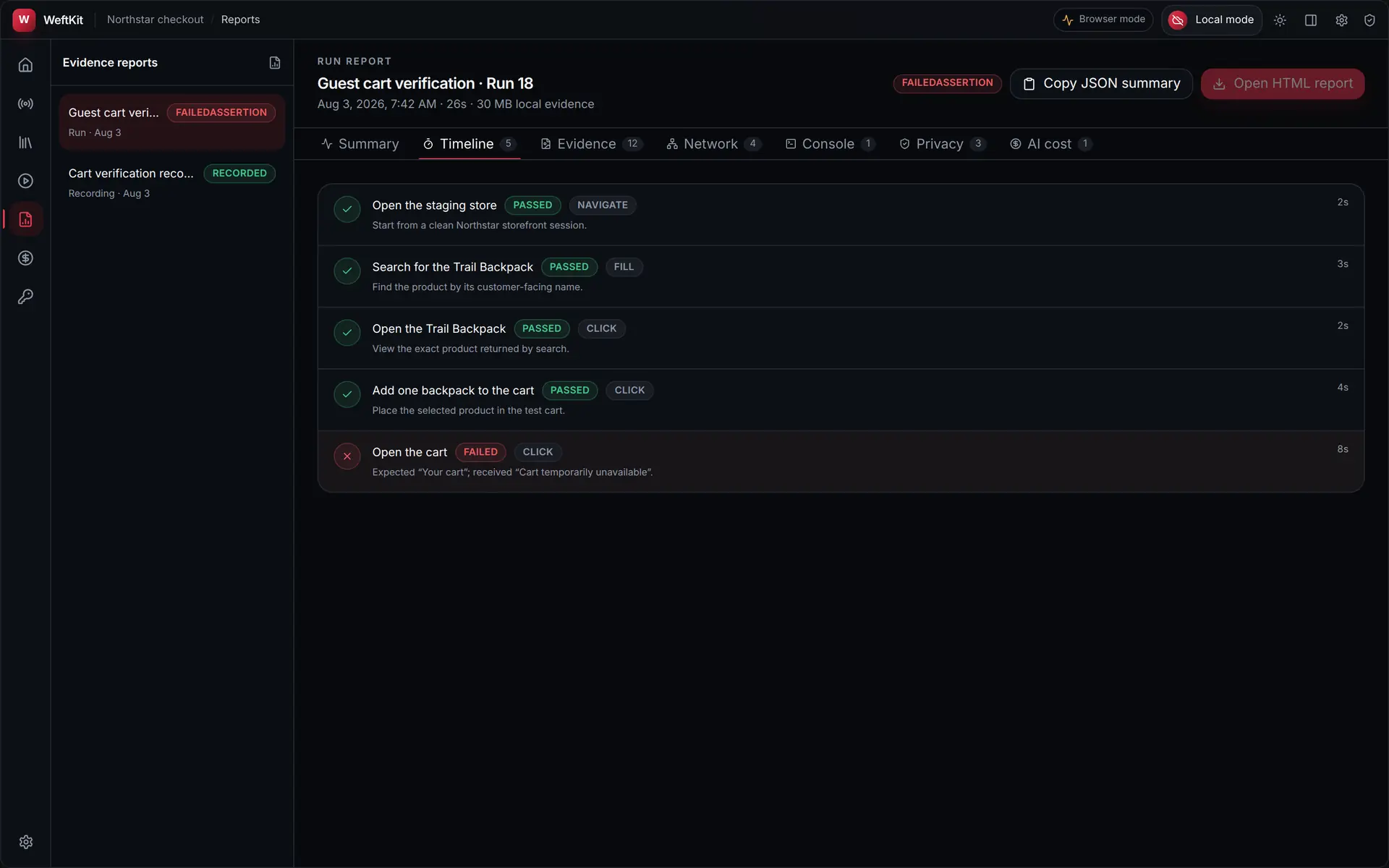 The timeline tab of a WeftKit run report, listing each executed step in order with its status badge and action type.