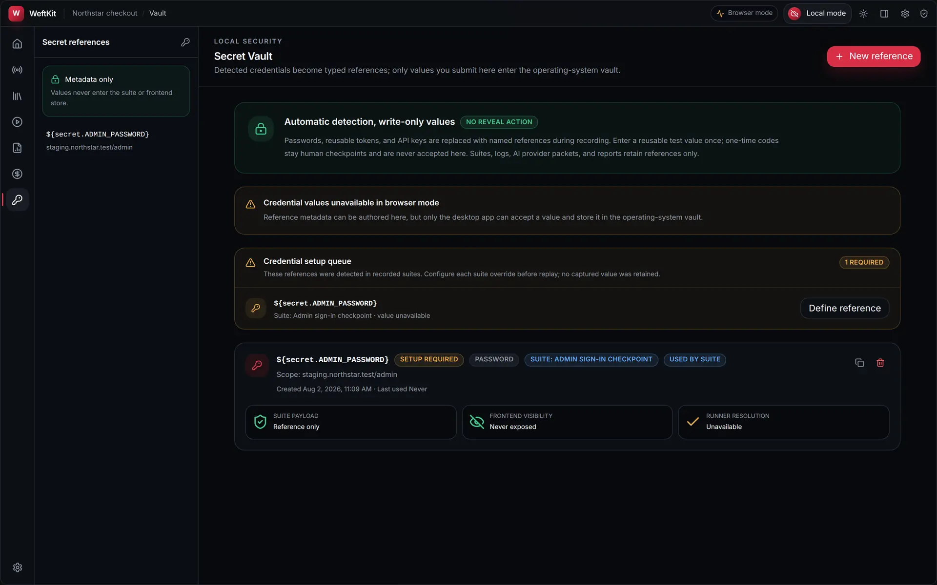 The WeftKit Secret Vault showing a secret reference named ADMIN_PASSWORD with its scope, a credential setup queue, and badges reading Suite payload: reference only, Frontend visibility: never exposed.