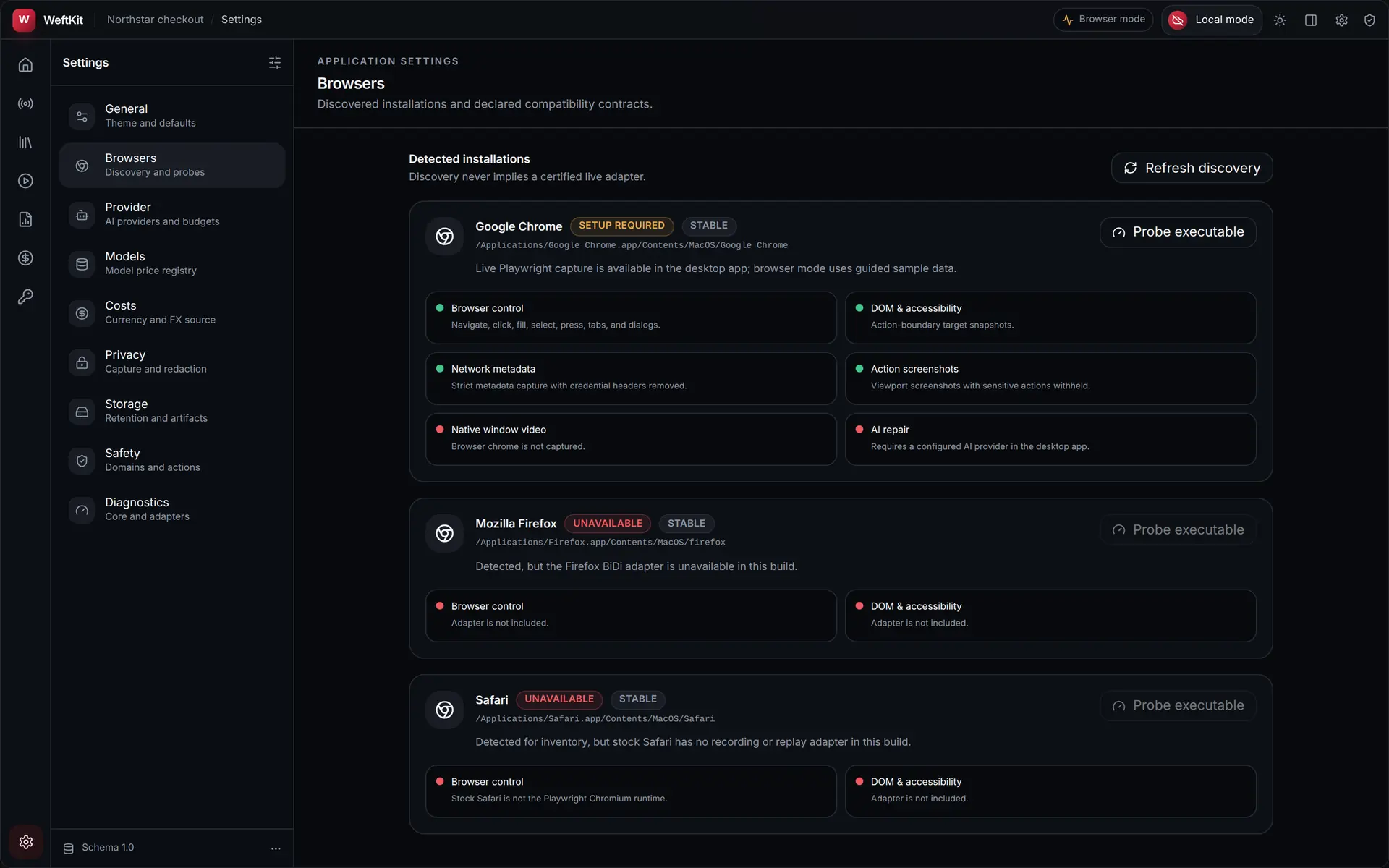 WeftKit Browsers settings listing Google Chrome with a Setup required badge and a capability contract table, followed by Mozilla Firefox marked Unavailable.