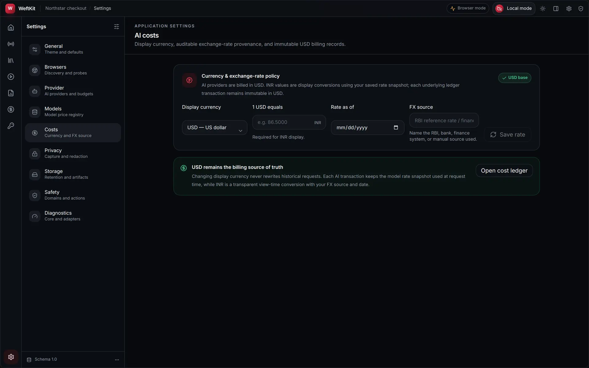 WeftKit cost settings showing the display currency selector and the required exchange-rate provenance fields.