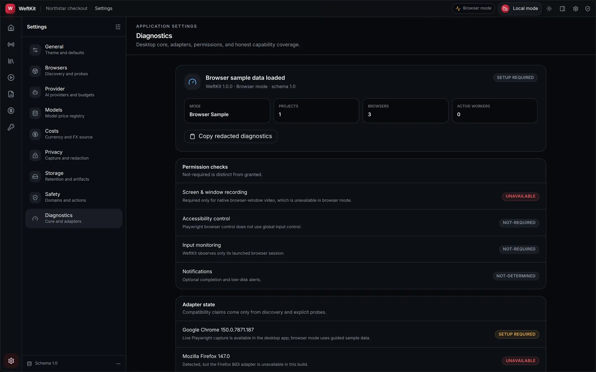 WeftKit diagnostics settings showing the app version, run mode, schema version, and capability status.