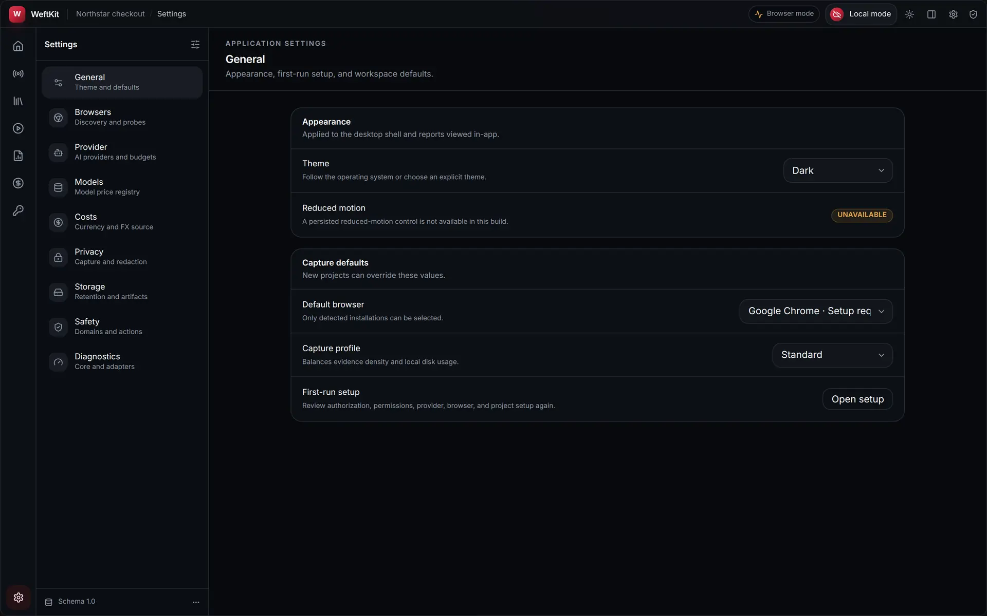 WeftKit General settings showing theme options System, Dark and Light, a reduced-motion row marked Unavailable, default browser and capture profile selectors, and an Open setup button.