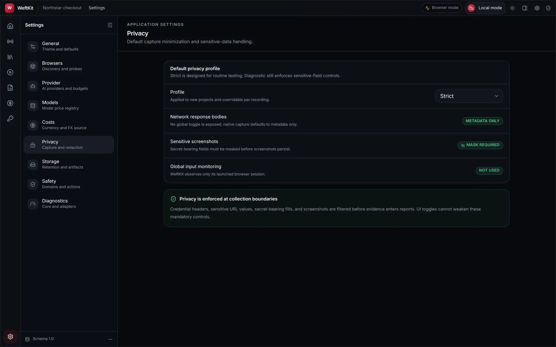 WeftKit privacy settings showing the default profile selector and rows stating Metadata only, Mask required, and Not used.