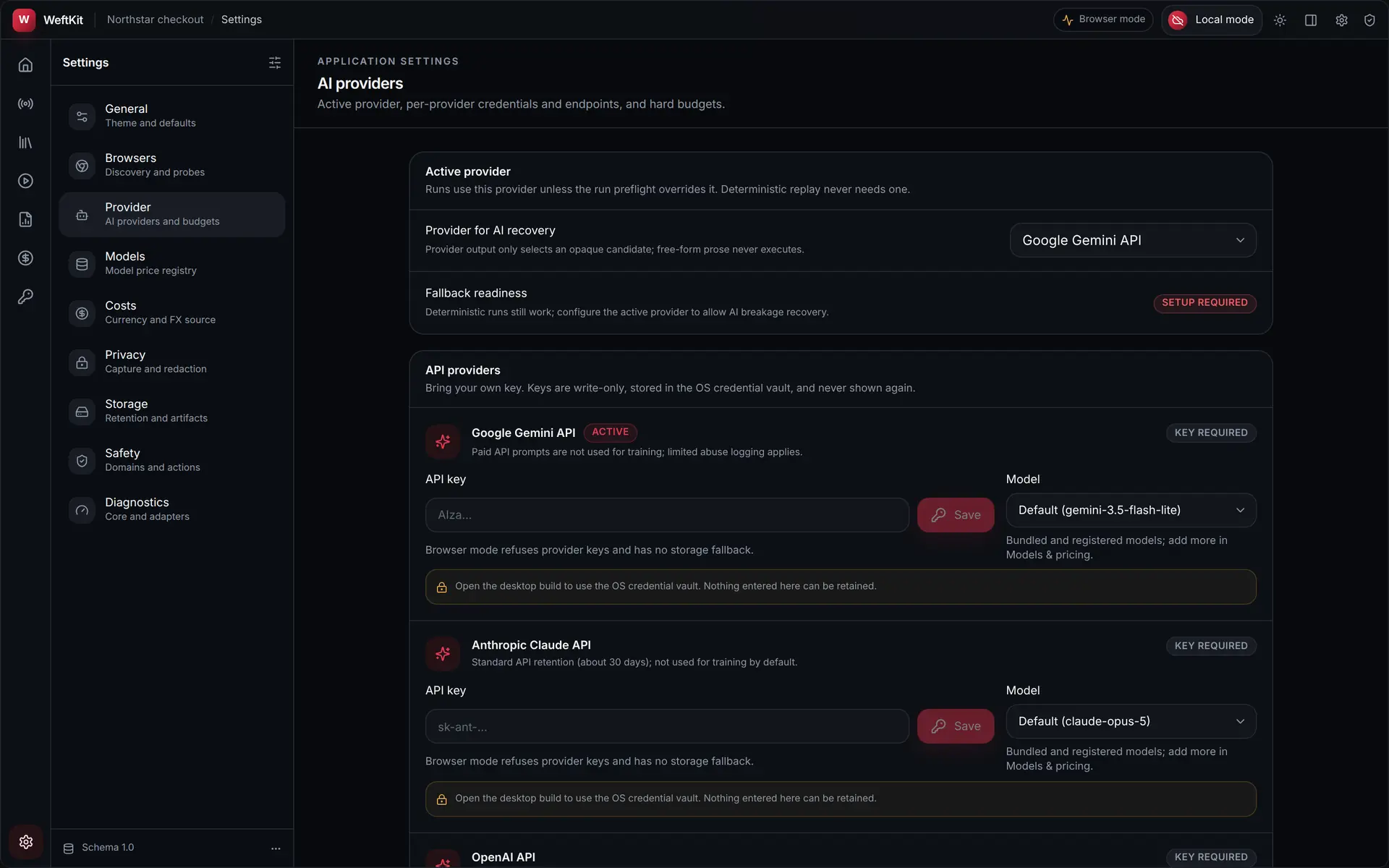 WeftKit AI provider settings showing an active-provider selector listing eleven providers, a fallback readiness badge, and an API key field described as write-only.