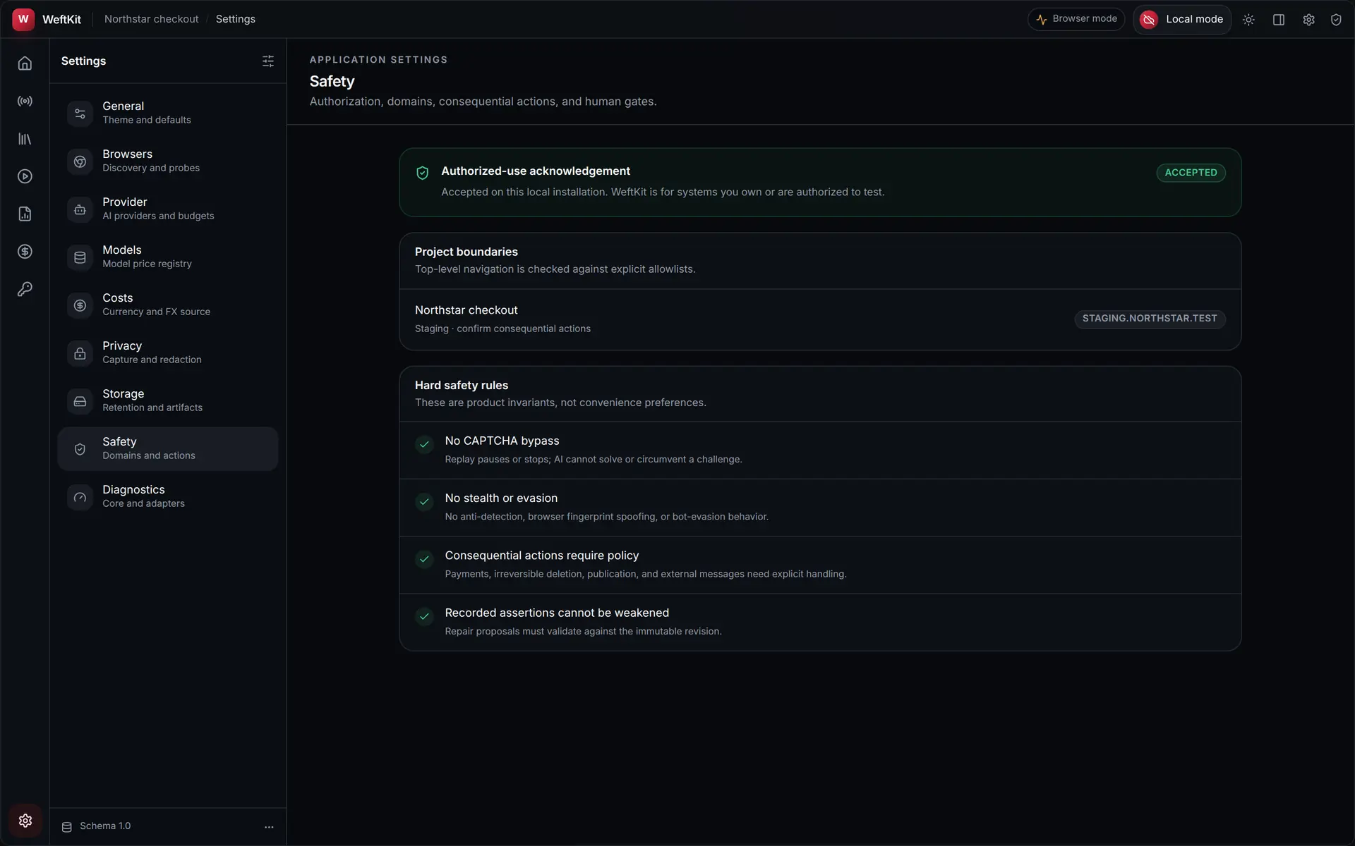 WeftKit safety settings showing the accepted authorized-use acknowledgement, project boundaries with an allowlisted domain, and the four hard safety rules.