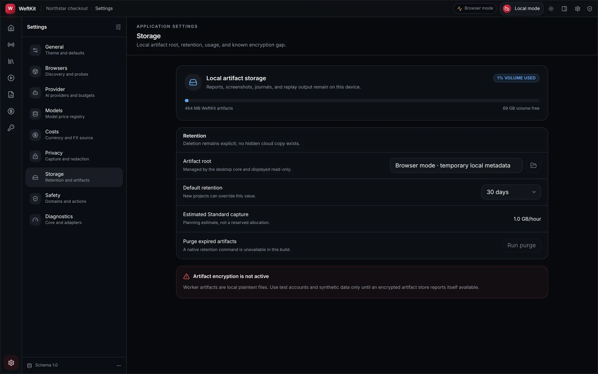 WeftKit storage settings showing volume usage, a read-only artifact root, retention selector, an hourly capture estimate, and a warning that artifact encryption is not active.
