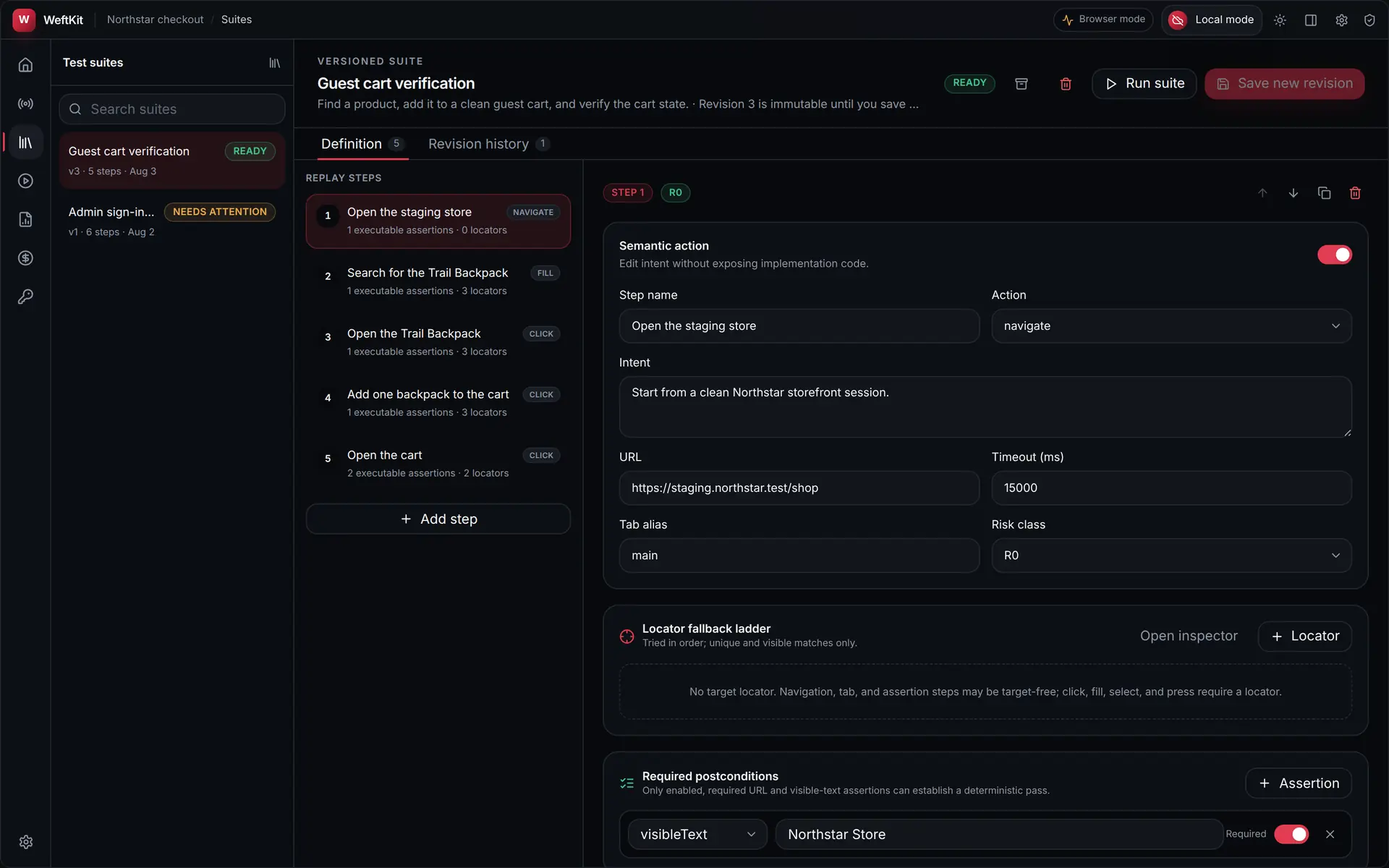The WeftKit suite editor showing a versioned suite with five replay steps, each labelled with its action type and assertion count, and a step inspector on the right.