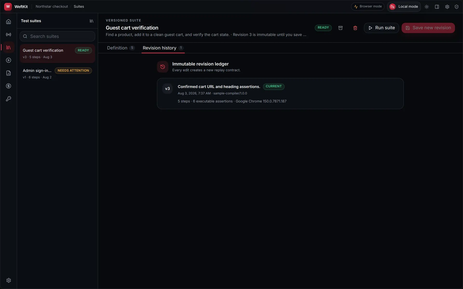 The revision history tab of the WeftKit suite editor, listing suite revisions in order.